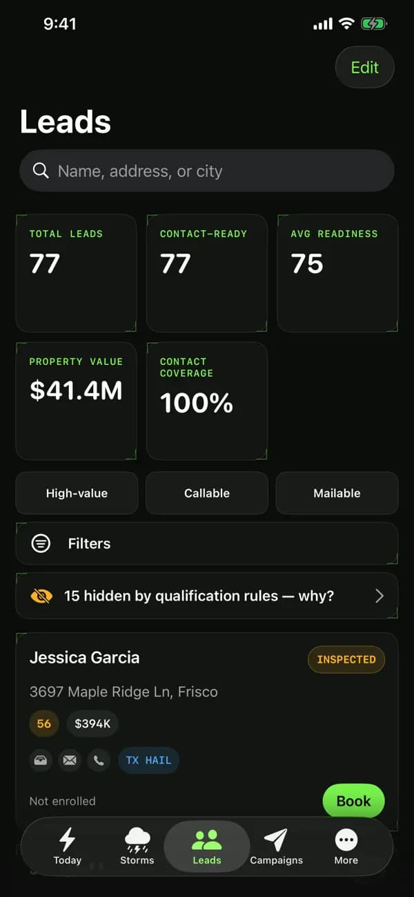 AI-STORMS iPhone Leads screen with property records, readiness filters, and lead stages
