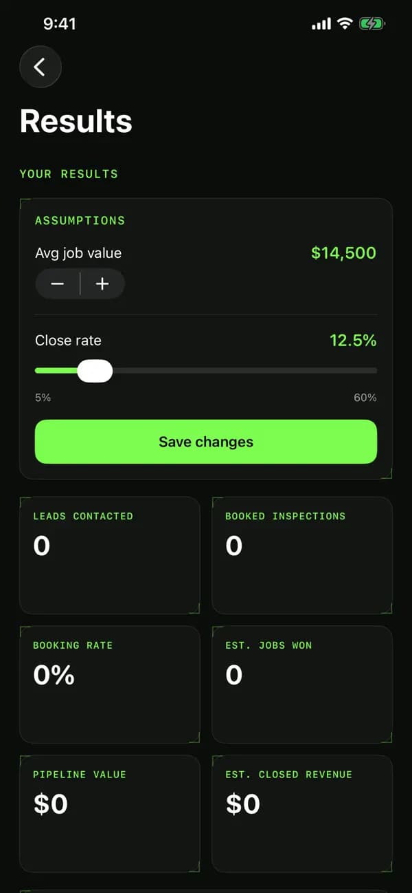 AI-STORMS iPhone Results screen with appointments and storm-linked outcomes