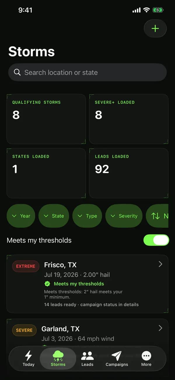 AI-STORMS iPhone Storms screen showing storm events and their status